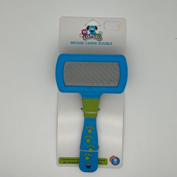 Brosse carde double métal et nylon bleu vert