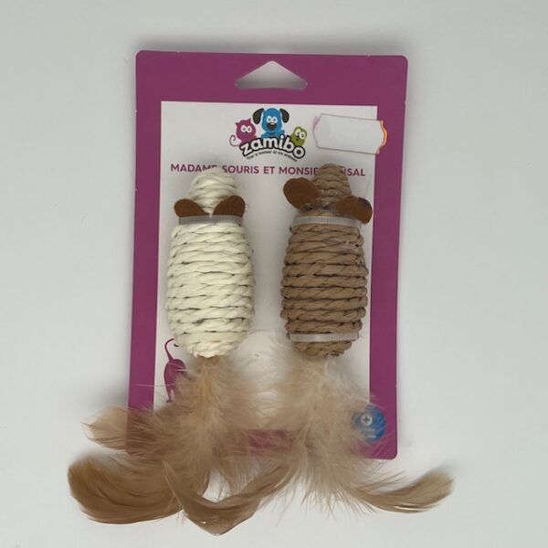 Duo de souris raphia et plumes 7x3cm