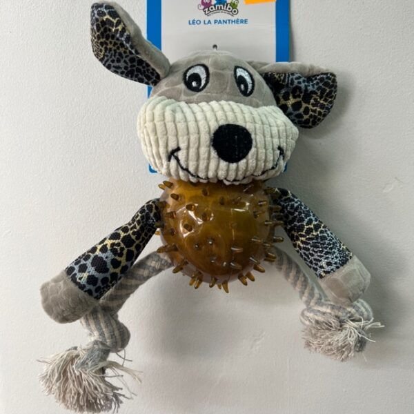 Peluche chien léopard balle corde