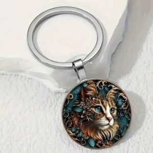 Porte clefs chat feuillage